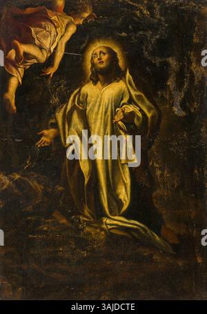 Une peinture d'après Correggio représentant le Christ sur le Mont des oliviers, créée entre 1504 et 1821, mettant en valeur l'agonie et la prière du Christ dans un moment charnière de l'histoire chrétienne. Banque D'Images