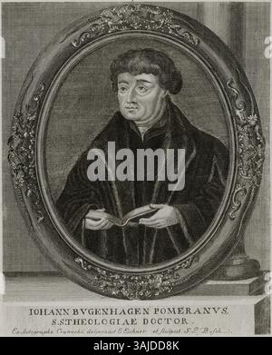 Portrait en cuivre de Johannes Bugenhagen Pomeranus, docteur en théologie sacrée. Créé par Georg Paul Busch et Lucas Cranach, il fait partie de la collection de la bibliothèque de l'État et de l'université de Hambourg. Banque D'Images
