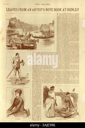 Croquis à la Henley Regatta, Henley-on-Thames, victorienne du XIXe siècle des années 1880 Banque D'Images