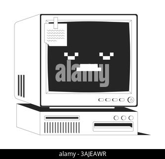 Ordinateur rétro avec face de pixel triste et objet de ligne 2D de note collante Illustration de Vecteur