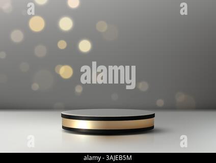 podium circulaire 3d avec un dessus noir et une bande médiane dorée sur une surface blanche brillante, parfait pour les maquettes de produits de luxe, les vitrines modernes ou haut de gamme Illustration de Vecteur