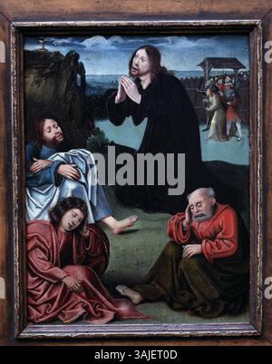 Cette peinture à l'huile religieuse, datant entre environ 1500 et 1524, représente le Christ dans le jardin de Gethsémani, qui fait partie de la collection du Musée des Beaux-Arts de Gand. Banque D'Images