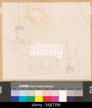 Ce dessin de 1861 de Johann Rudolf Rahn représente la partie restante du cloître de l'ancien monastère augustinien d'Interlaken, en Suisse. Banque D'Images