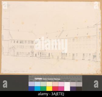 Ce dessin de 1861 de Johann Rudolf Rahn représente la cour du cloître de l'abbaye de Rheinau, en Suisse, avec une vue depuis l'arche, mettant en valeur son architecture monastique. Banque D'Images