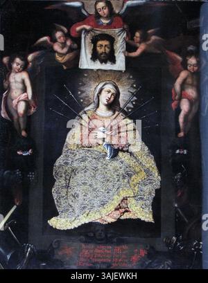 La Vierge des sept douleurs, une peinture du XVIIIe siècle de la cathédrale de Cusco, représente la Vierge Marie dans la tristesse. Cette peinture à l'huile est un exemple clé de religieux sud-américains compris Banque D'Images