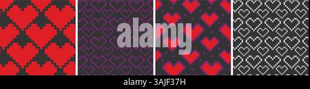 Pixel Art forme de coeur modèle sans couture Rouge Violet lumière sur fond sombre St Valentine Day fond Set. Illustration vectorielle isolée emballage, papier peint carte thématique ou bannière promo web, dépliant, prix Illustration de Vecteur