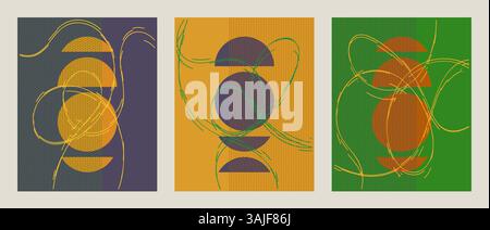 Ensemble de trois affiches pour la décoration intérieure. Formes abstraites créées avec un schéma de couleurs tendance. Design plat minimal. Illustration de Vecteur