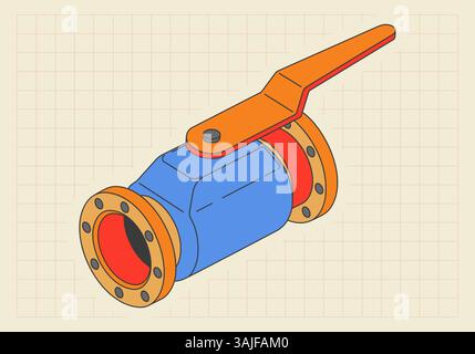 Schéma de robinet à boisseau sphérique isométrique. Illustration colorée pour l'arrière-plan. Illustration de Vecteur