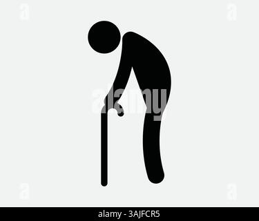 Personne âgée utilisant la canne à pied âgée homme humain bâton figure personnes debout marcher frêle Ill semaine de soutien Grand-père âgé Noir Outline Shape icône de vecteur Illustration de Vecteur