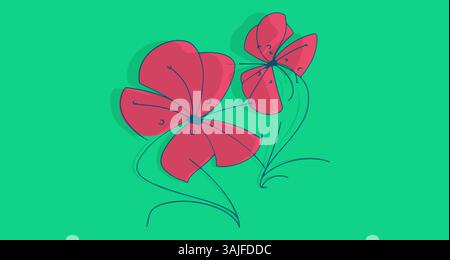 Illustration minimaliste de deux fleurs stylisées sur fond vert vibrant. Illustration de Vecteur