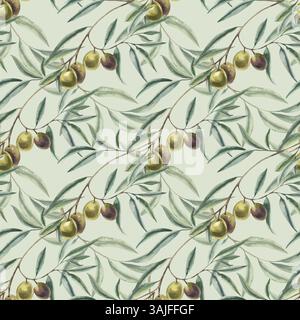 Motif sans couture d'aquarelle de branches d'olivier sur vert. Fond floral répété, peinture romantique d'été floral pour tissu de mariage, invitation, conce Banque D'Images
