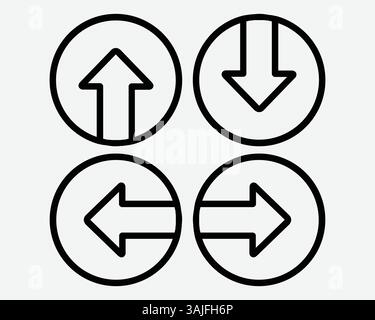 Quatre flèches pointant vers le haut en bas à gauche à droite 4 pointeurs point Nord Sud-est Ouest contour cercle rond pointe de flèche points Black Line Vector icône symbole symbole Illustration de Vecteur