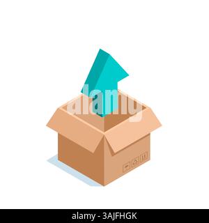boîte ouverte isométrique et flèche vers le haut, en couleur sur fond blanc, chargement et déchargement et travail avec des colis Illustration de Vecteur