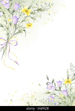 Carte postale florale de fleurs sauvages à l'aquarelle bellflower, buttercup et herbes de prairie isolées du fond avec espace de copie, A4. Dessiné à la main en jaune et Banque D'Images