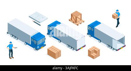 ensemble isométrique de gros camions et boîtes, en couleur sur fond blanc, conducteur de chargeur et lettre de transport, transport de grandes cargaisons Illustration de Vecteur