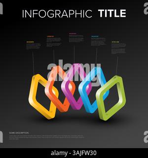Infographie sombre en 3D présentant des formes de losanges colorées superposées avec des zones de texte d'information correspondantes. Le design vibrant est idéal pour la présen Illustration de Vecteur
