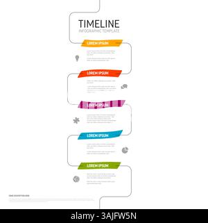 Un modèle d'infographie de chronologie verticale avec cinq sections vibrantes en orange, rouge, violet, bleu et vert. Chaque section comprend un titre, placeholde Illustration de Vecteur