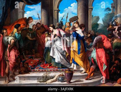 Salomon et la reine de Saba - Salomon et la reine de Saba 1728 Nicolas VLEUGHELS 1668-1737 France Français, Louvre Paris, Musée des Beaux-Arts, France, ( la reine de Sheba est souvent décrite comme une reine du Royaume de Sheba, qui était supposé être situé dans l'Éthiopie moderne ou l'Arabie du sud. Dans la Bible, la Reine de Sheba rend visite au roi Salomon à Jérusalem pour tester sa sagesse et sa richesse. Elle lui pose plusieurs questions, et après qu'il y réponde de manière convaincante, elle lui donne des cadeaux. Sa visite est souvent considérée comme un symbole de la diffusion des connaissances et des richesses. Banque D'Images