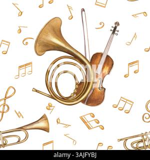 Instruments de musique classique et notes de musique sans couture motif aquarelle isolé fond. Violon avec arc, trompette, cor français Banque D'Images