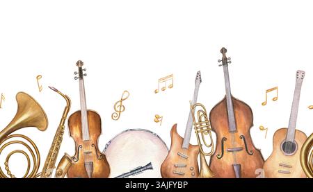 Instruments de musique et notes de musique bannière aquarelle horizontale sans couture fond isolé. Guitare acoustique et électrique, violon, trompette Banque D'Images