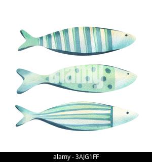 Grand poisson allongé de forme simple avec des motifs rustiques dans les couleurs bleu et turquoise. Aquarelle illustration dessinée à la main sur le thème de la mer et Banque D'Images