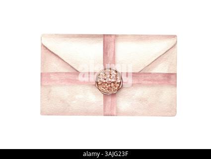 Enveloppe fermée attachée avec un ruban rose délicat et scellée avec un timbre de cire illustration aquarelle vintage fond isolé. Lettre de romance Banque D'Images