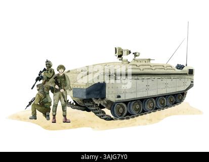 Véhicule blindé de transport de troupes de l'armée israélienne avec des soldats en uniforme illustration isolée à l'aquarelle. Machine militaire Namer avec des unités d'infanterie de Tsahal pour Banque D'Images