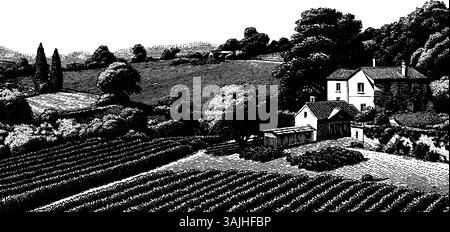 Gravure de paysage de ferme rustique avec des champs roulants et des maisons rustiques. Illustration de Vecteur