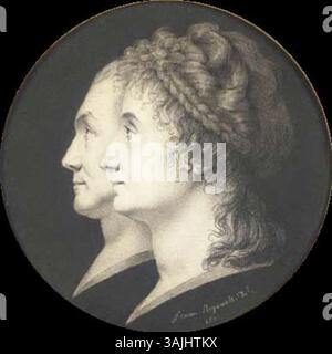 Ce double portrait de Sophie Regnault (1801) représente Jean-François Heurtier, architecte, et son épouse Marie-victoire Jobbé. Rendu en craie noir et blanc sur papier, il est signé et daté 'femme Regnault. suppr. 1801 ». Le couple est montré de profil, avec des détails complexes capturant leurs ressemblances dans le style classique. Banque D'Images