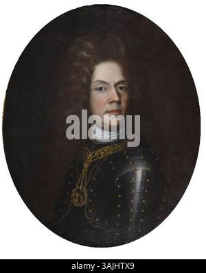 Portrait d'un chevalier de l'ordre suprême de la Sainte Annonciation, peint en 1699. L'œuvre représente le sujet vêtu de l'armure cérémonielle complète de ce prestigieux ordre chevalier. Banque D'Images