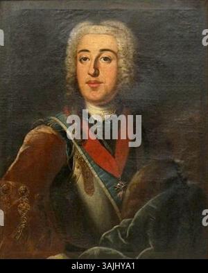 Portrait du XVIIIe siècle de Ferdinand Maria Innocenz de Bavière, représentant le noble en tenue royale. Le tableau est attribué à l'école allemande, peut-être au cercle de Georg Desmarées, mettant en valeur son lien avec des ordres prestigieux. Banque D'Images