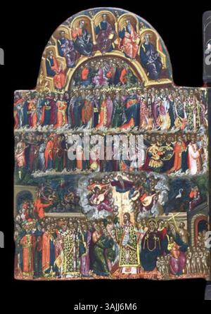 Triptyque du jugement dernier de Georgios Klontzas, peint entre 1560 et 1608. Le triptyque représente des scènes bibliques, y compris le Christ, la Vierge Marie et divers saints, dans un contexte religieux. Il est rendu en tempera et feuille d'or sur panneau. Banque D'Images