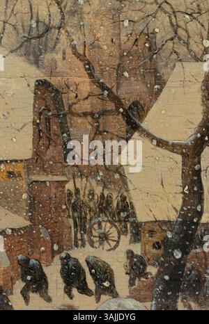 Ce détail de la peinture de Pieter Bruegel l'ancien de 1563 *L'Adoration des Mages dans la neige* présente le château. La peinture capture une scène enneigée pendant la nativité biblique. Banque D'Images