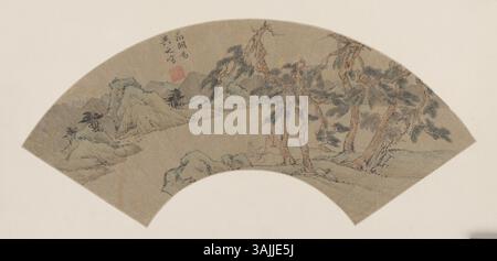 Une peinture en éventail de Wen Zhengming (1470-1559), l'une des figures importantes de la peinture chinoise, conservée dans la collection du musée du Palais. Connue pour son style classique, cette pièce reflète probablement sa maîtrise des techniques de pinceau et sa représentation de la nature, des paysages et des figures. Banque D'Images