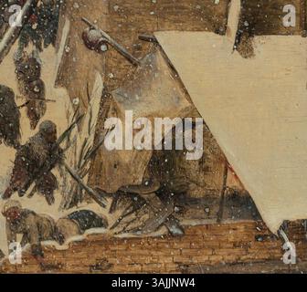 Ce détail de la peinture de Pieter Bruegel l'ancien de 1563 *L'Adoration des Mages dans la neige* montre un hangar dans le paysage enneigé, capturant l'histoire biblique de la visite des Mages. Banque D'Images