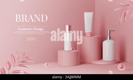 cosmétiques set annonces avec boule en verre rose cylindre podium étape feuilles 3d. Illustration de Vecteur
