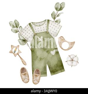 Watercolor baby boy Outfit set with green overalls, shirt, shoes, rattle, cotton flower and leaves. Illustration of childish Romper with wooden toys for newborn party greeting cards or kids invitation Banque D'Images