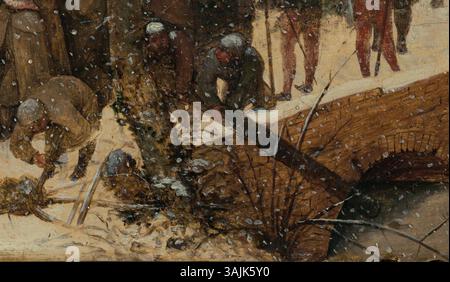 Ce détail de la peinture de Pieter Bruegel l'ancien de 1563 *L'Adoration des Mages dans la neige* met en évidence un faisceau dans la scène hivernale, améliorant le récit biblique de la visite des Mages. Banque D'Images