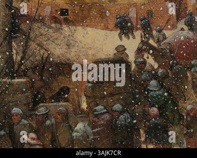 Ce détail de la peinture de Pieter Bruegel l'ancien de 1563 *L'Adoration des Mages dans la neige* montre un feu et une mule, au centre du paysage enneigé entourant la scène biblique de la nativité. Banque D'Images