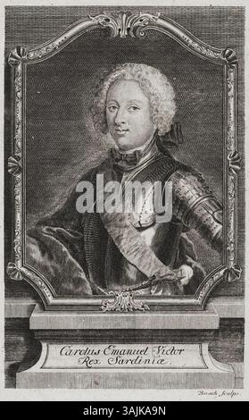 Gravure de Carlo Emanuele III de Sardaigne, qui règne de 1730 à 1773, par Georg Paul Busch, réalisée entre 1715 et 1756. Cette œuvre capture la ressemblance du roi sarde. Banque D'Images