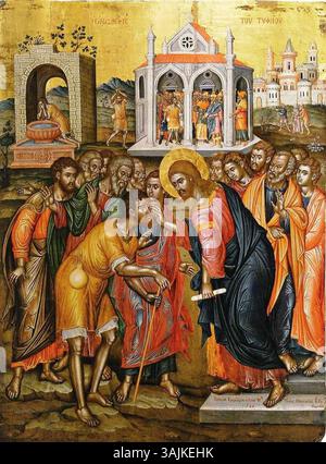 'Christ Healing the Blind', peint par Emmanuel Tzanes en 1686, est une icône créée avec de la tempera et des feuilles d'or sur panneau. Il représente la scène biblique du Christ guérissant l'aveugle, mettant en évidence des thèmes religieux. Cette pièce fait partie de l'Institut hellénique d'études byzantines et post-byzantines de Venise. Banque D'Images