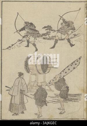 Cette gravure sur bois de Katsushika Hokusai, intitulée « Archers et cible de paille Makiwara », créée en 1817, représente des archers japonais pratiquant avec des cibles de paille traditionnelles. Il fait partie des carnets de croquis de Hokusai et présente sa technique complexe d'impression sur bois. Banque D'Images