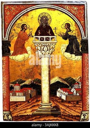 Cette icône d'Emmanuel Tzanes, peinte entre 1635 et 1660, représente le modèle Alypius le Stylite. Créé avec de la tempera et des feuilles d'or, le tableau a été donné à San Giorgio dei Greci par Tzanes en 1660. Il est hébergé à l'Institut hellénique d'études byzantines et post-byzantines à Venise. Banque D'Images