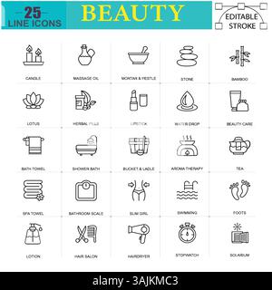 Icônes de vecteur de beauté – salon de coiffure, soins de la peau, massage, cosmétiques et thème de relaxation (style fin) Illustration de Vecteur