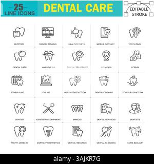 Icônes de ligne de soins dentaires – 25 icônes vectorielles d'AVC modifiables pour la dentisterie et la santé bucco-dentaire Illustration de Vecteur