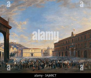 Ce tableau de 1850 de Salvatore Fergola représente l'arrivée du pape Pie IX à Naples, capturant un moment important dans l'histoire de l'Église catholique. Banque D'Images