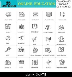 Icônes de ligne d'éducation en ligne - 25 icônes vectorielles de course modifiables pour l'apprentissage en ligne et l'enseignement Illustration de Vecteur