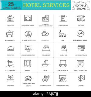 Icônes de ligne de services hôteliers || 25 icônes de contour modifiables pour la réservation, les commodités Tourisme, hospitalité et hébergement Illustration de Vecteur