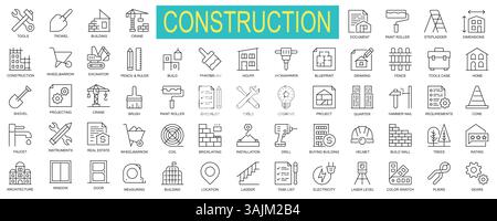 Jeu d'icônes construction et ligne de construction – ingénierie, architecture et outils. Illustration vectorielle pour l'interface utilisateur, le Web et l'impression. Illustration de Vecteur
