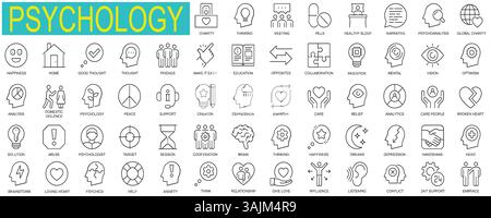 Ensemble d'icônes Web psychologie dans la conception de ligne mince. Pack de relation, amour, influence, écoute, soutien, remue-méninges, anxiété, charité, réunion, autres Illustration de Vecteur
